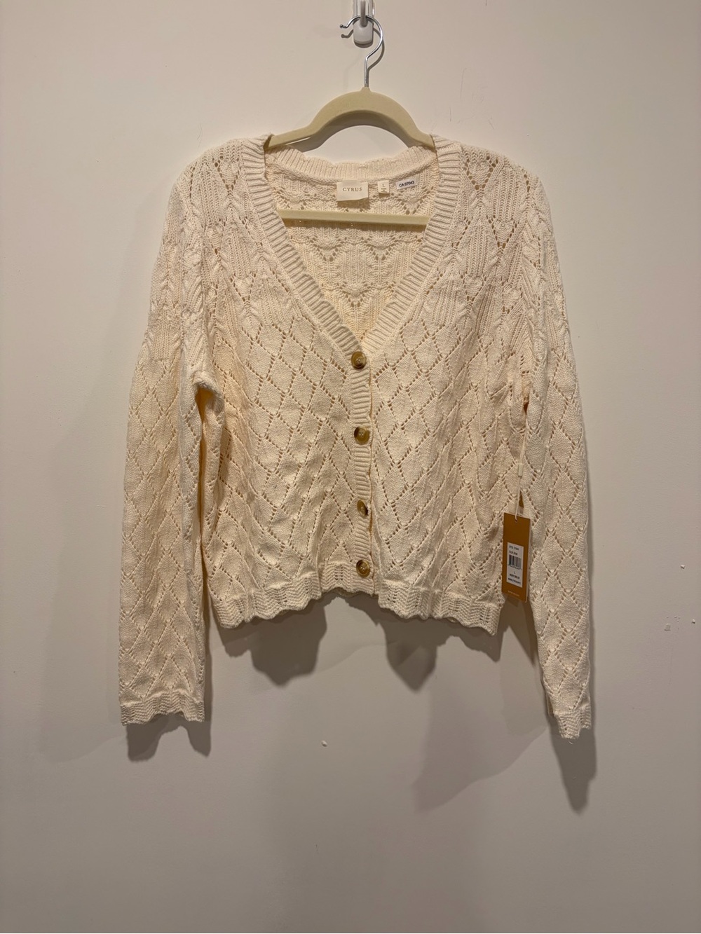 Cyrus Cream Open-Knit V-Neck Button Cardigan